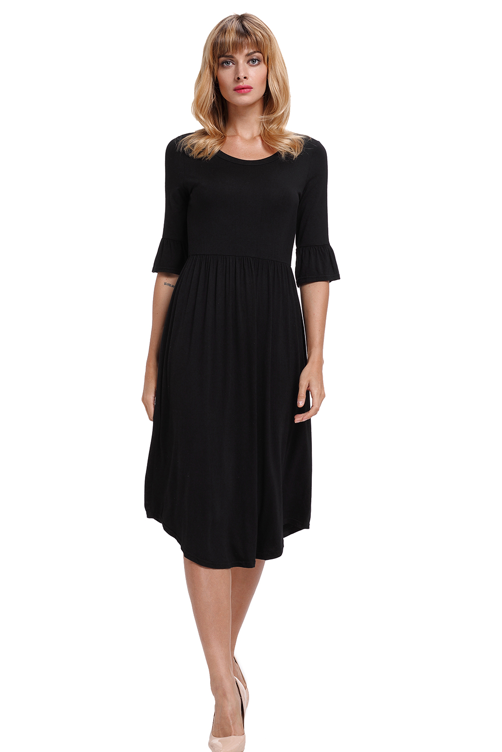 BY61652-2 Black Ruffle Sleeve Midi Jersey Dress